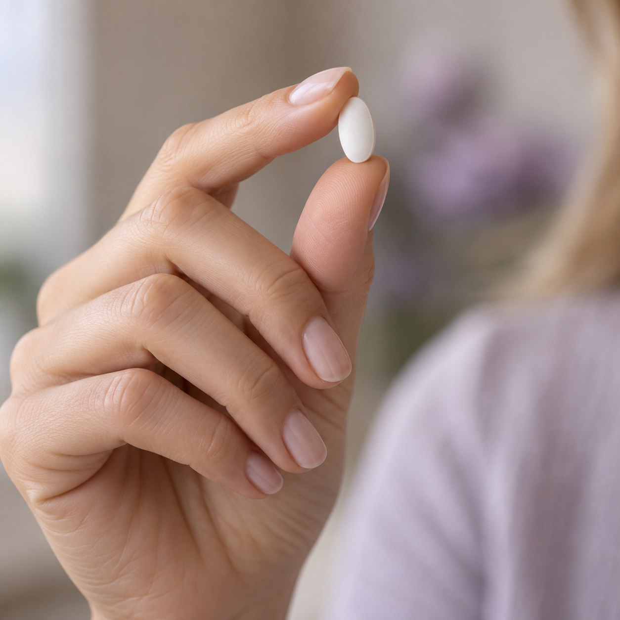 A hand gently holding a small white tablet